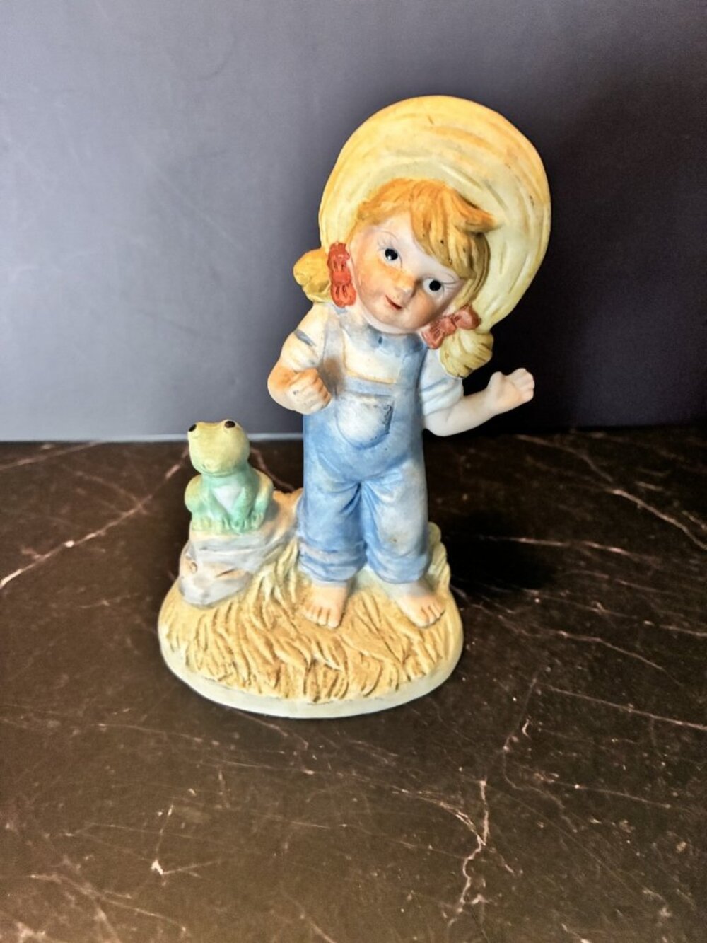 Vintage Farm Girl & Frog Figurine Porcelain Bisque Country Decor